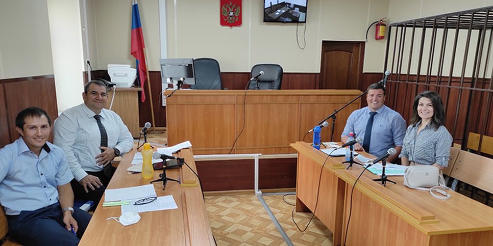 In the photo, from left to right: Marat Abdulgalimov, Arsen Abdullaev, Anton Dergalev and Mariya Karpova in the courtroom. September 21, 2020