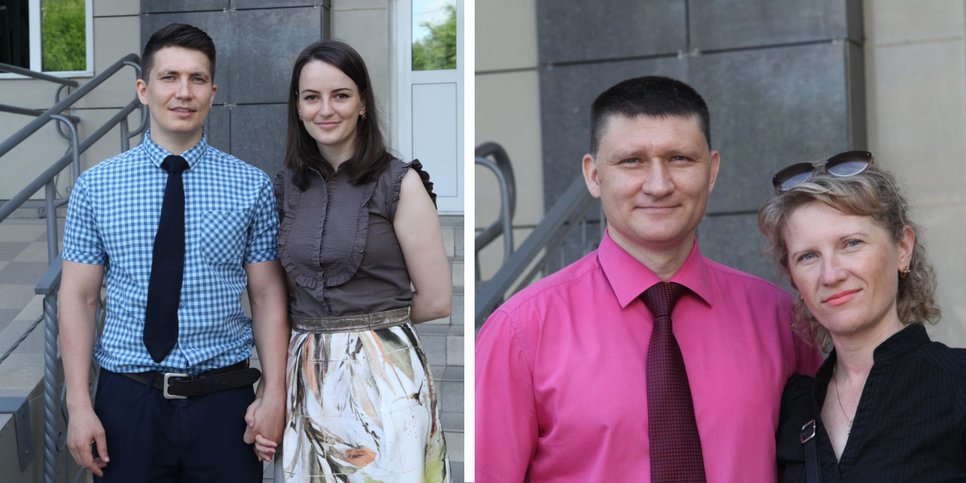照片中：德米特里·戈利克（Dmitry Golik）和阿列克谢·伯丘克（Alexei Berchuk）与他们的妻子在法院附近