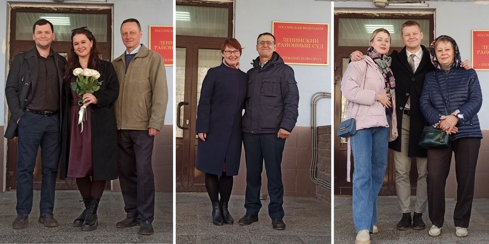 Sergey und Svetlana Malyanov, Oleg Konshin und Roman Zhivolupov mit ihren Familienangehörigen im Gerichtsgebäude in Nischni Nowgorod. April 2023