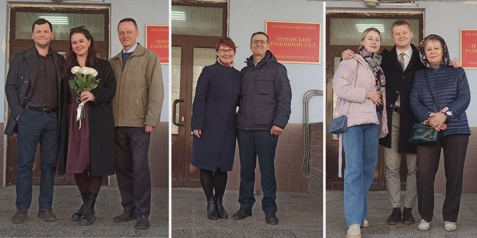 Sergey e Svetlana Malyanov, Oleg Konshin e Roman Zhivolupov con i loro familiari al tribunale di Nizhny Novgorod. Aprile 2023